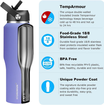 HYDROWION 32oz Stainless Steel Water Bottle(Cold for 48 Hrs, Hot for 24 Hrs),Double Wall Vacuum Insulated Water Bottle with Straw Lid, Spout Lid and Flex Cap, Fit in Any Car Cup Holder,Black