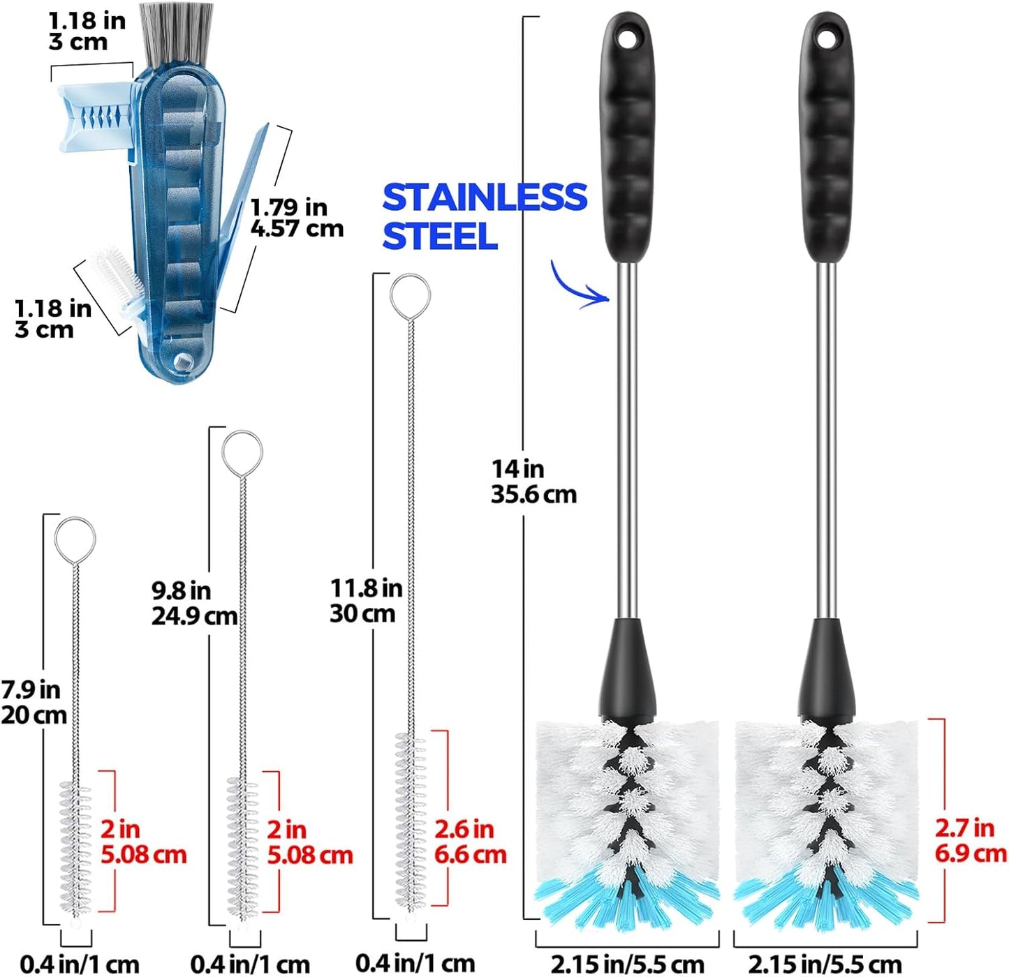 Holikme 6 Pack Bottle Brush Set, 14" Long Handle Stainless Steel Bottle Cleaner Brush, 3 Straw Brushes, 4-in-1 Bottle Cleaning Brush for Water Bottle, Antistatic Lab Brushes Straws, Black