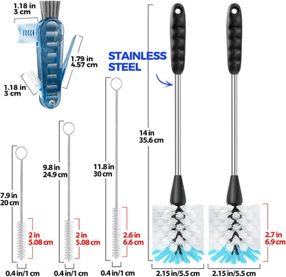 Holikme 6 Pack Bottle Brush Set, 14" Long Handle Stainless Steel Bottle Cleaner Brush, 3 Straw Brushes, 4-in-1 Bottle Cleaning Brush for Water Bottle, Antistatic Lab Brushes Straws, Black