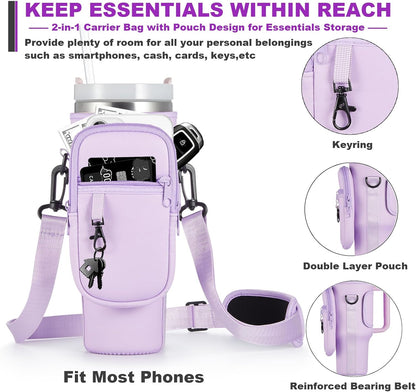 BULKITEM Water Bottle Carrier Bag with Phone Pocket for Stanley 40 & 30 oz Tumbler with Handle,Pink Insulated Neoprene Cup Holder Pouch w/Adjustable Strap for Quencher H2.0 Stanley Cup Accessories
