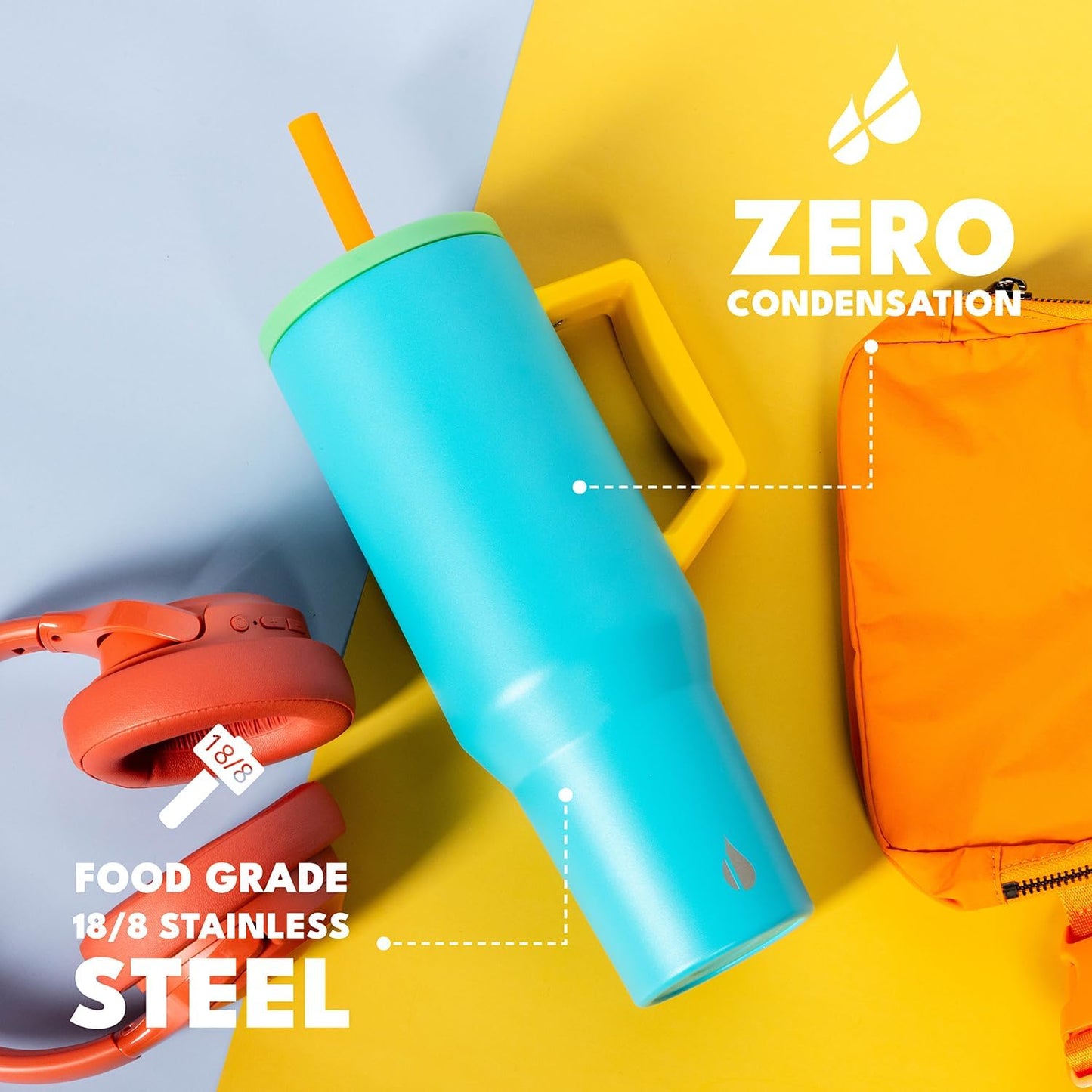 Elemental 32 oz 100% Leak Proof Tumbler with Handle & Straw - Stainless Steel Double Wall Insulated Tumbler for Hot and Cold Beverages - Travel Coffee Mug with Sip & Straw Lid - White - Colors A