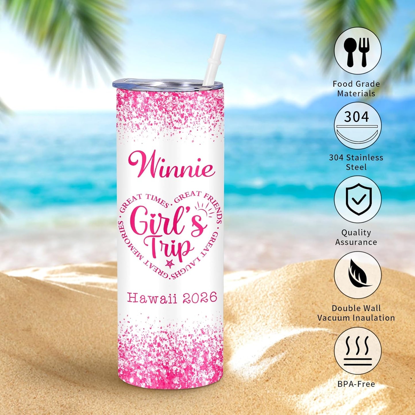 Girl Trip Gifts for Women, Personalized Girls Trip Tumblers with Name Text, Custom Beach Tumbler, Road Trips Vacation Cruise Cup with Lid and Straw, Bachelorette Party Girl Weekend Gift For Friend