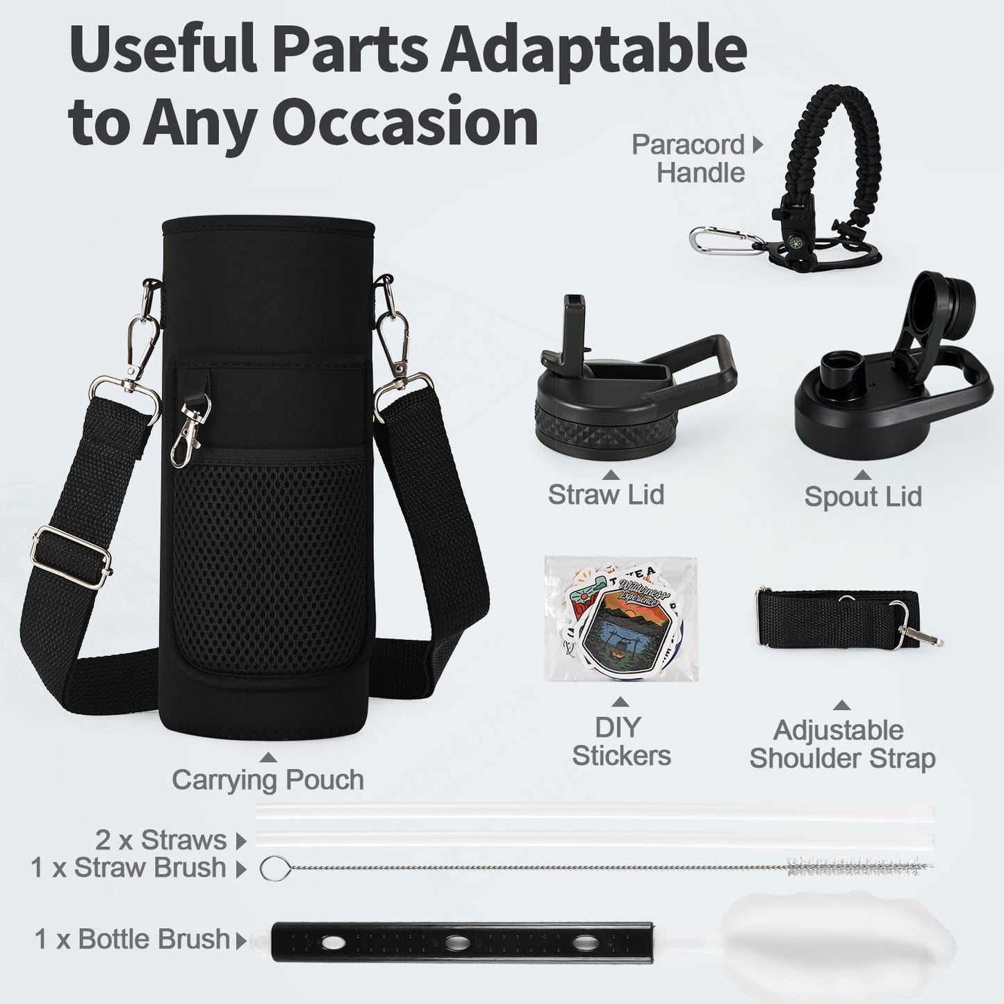WixByti 40 oz Insulated Water Bottle with Straw (Cold for 36 Hrs), Stainless Steel Triple Wall Vacuum Sports Water Jug, Leakproof Hydro Cup Flask with Paracord Handle & Straw Spout Lids & DIY Stickers