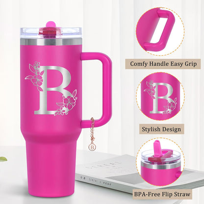 Personalized 40 oz Monogrammed Tumbler with Handle and Flip Straw Lid, 100% Leak Proof stainless steel Insulated Tumbler, Customized Initial Funny Gifts for Women Mom Sisters Coworker, A
