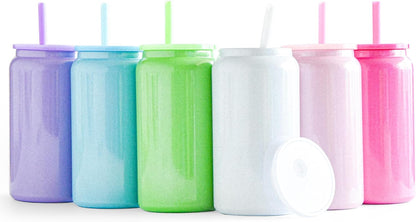 6 Pack Glass Cups with Lids and Straws Unbreakable 16 oz Stainless Steel Can Cup Double Wall Insulated Beer Can Tumbler for Iced Coffee, Juice, Soda, Matte-Colored