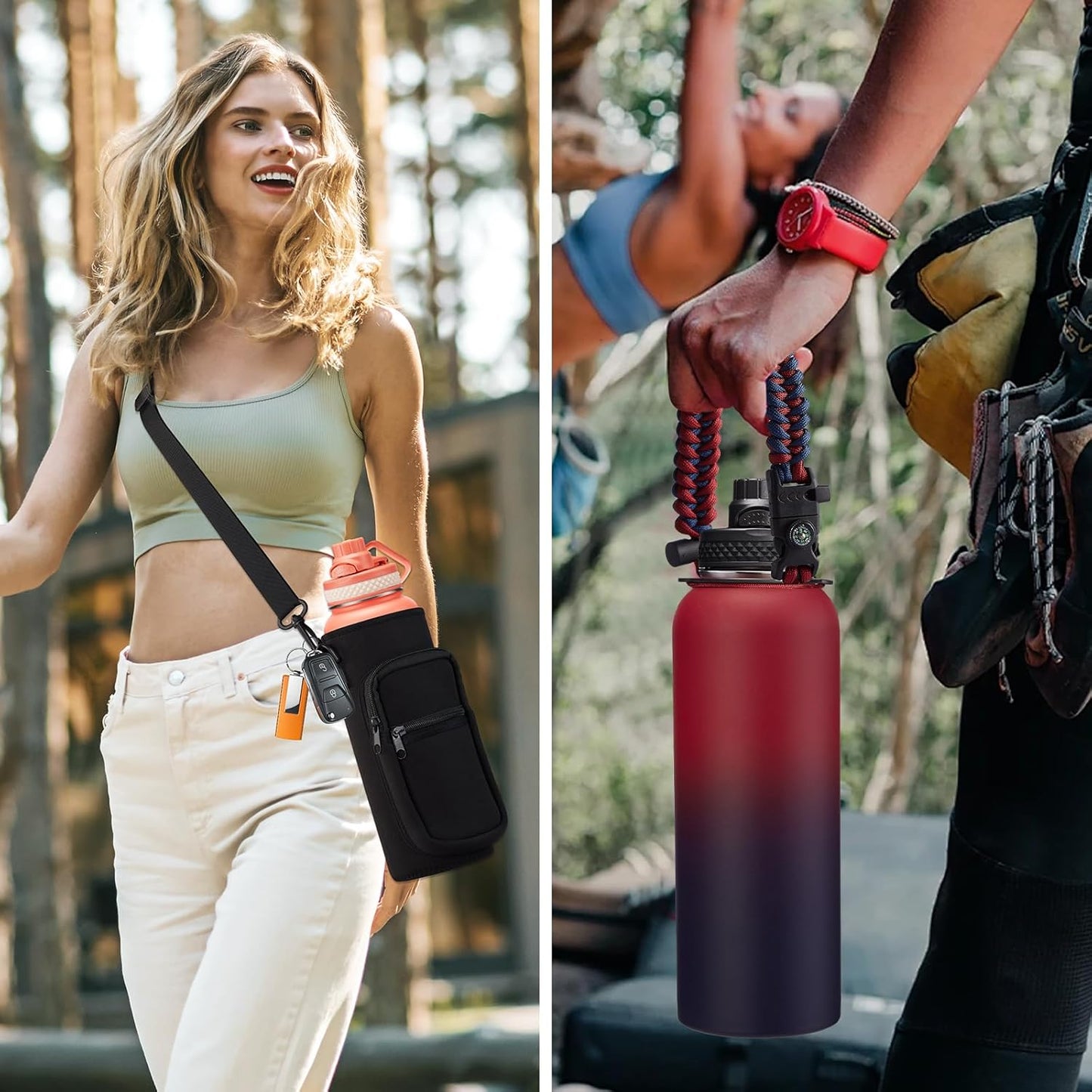 32/40/64OZ Insulated Water Bottle - Keep Cold 48H Hot 24H, Combo Straw/Spout Lids, Paracord Handle for Gym/Hiking, Carrier Bag +Strap, Cup Mat, BPA-Free Stainless Steel Flask Jug
