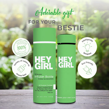 Hey Girl Tea Infuser Bottle 450ml - Insulated Stainless Steel Water Bottle - Tea Tumbler with Tea Diffuser - Portable Travel Mug for Loose Leaf Tea & Infused Water - Tea Lovers Gifts for Women (Pink)