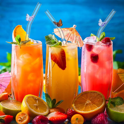 Meanplan 10 Pcs Cute Reusable Glass Straws with Design,8 mm x 7.9'' Shatter Resistant Butterfly Bow Clear Bent Glass Straw with Cleaning Brush for Drink Party Milkshakes Juice (Mixed Color)