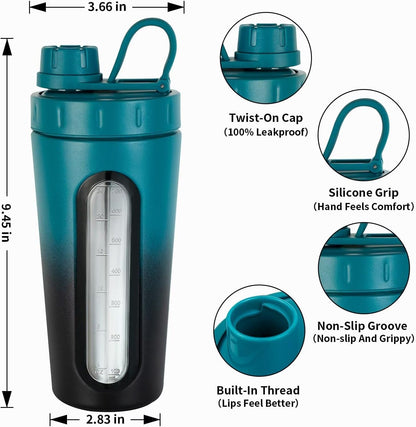 TOOFEEL Shaker Bottles for Protein Mixes 28 oz Stainless Steel Protein Shaker with 2 Mixing Ball, Not Stays Cold/Hot, Visible Window Metal Shaker Cups, Leakproof, BPA Free Bottle Shaker