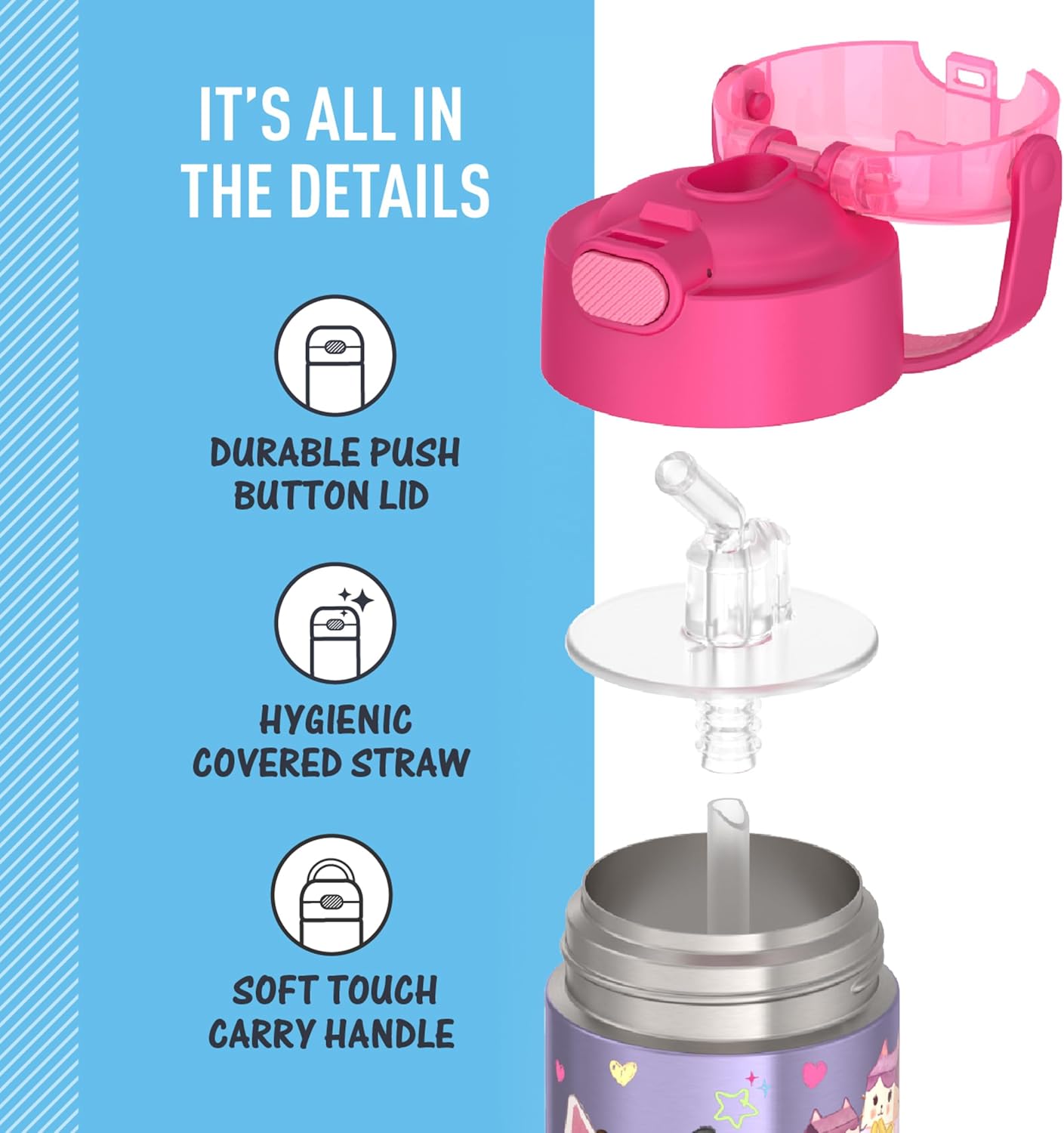 THERMOS FUNTAINER Water Bottle with Straw - 12 Ounce - Kids Stainless Steel Vacuum Insulated Water Bottle with Lid, Bluey - Colors A