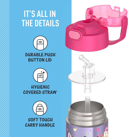 THERMOS FUNTAINER Water Bottle with Straw - 12 Ounce - Kids Stainless Steel Vacuum Insulated Water Bottle with Lid, Bluey - Colors B