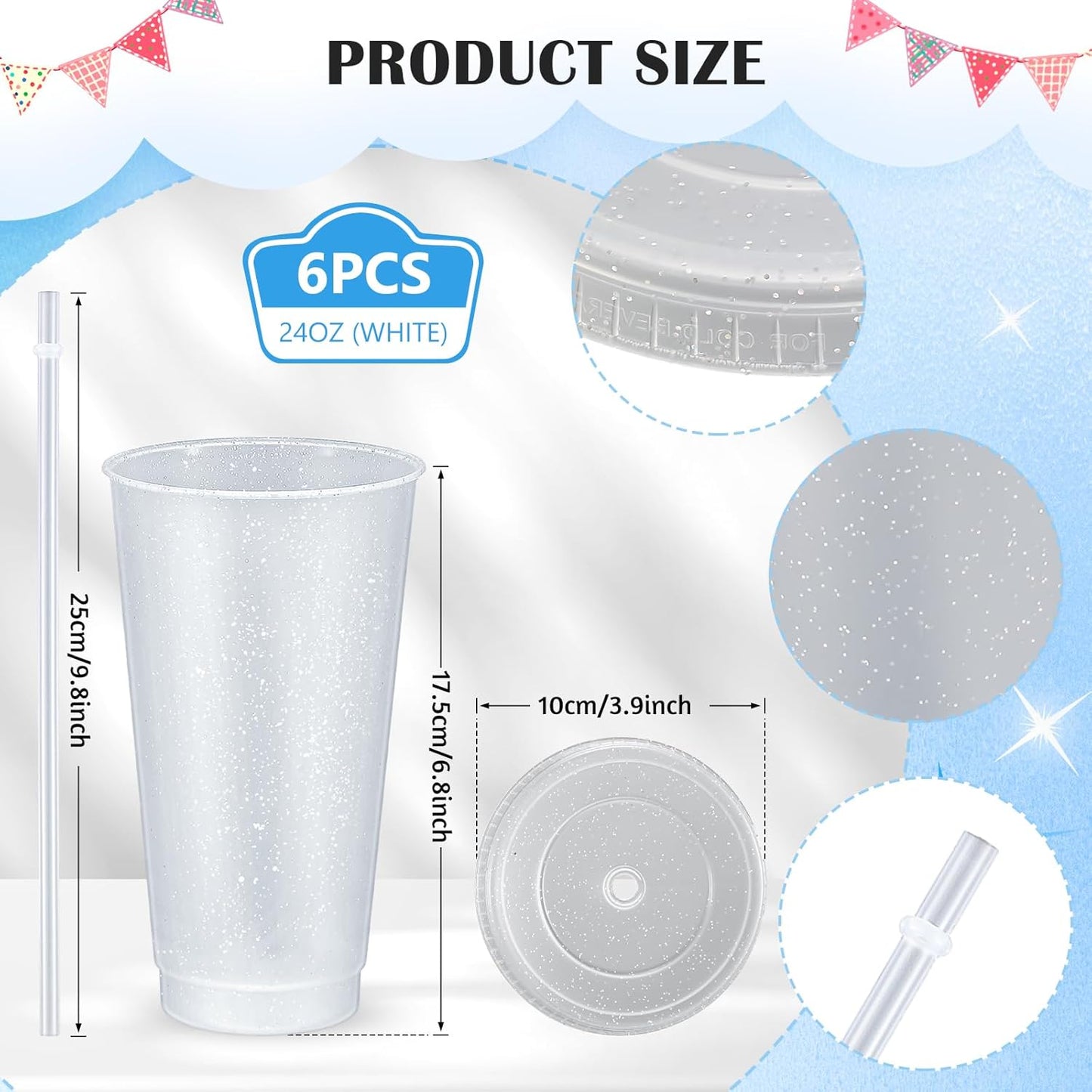 Uiifan 6 Pcs 24 oz Reusable Tumbler with Lids and Straws Plastic Iced Coffee Tumbler Glitter Travel Mug Cup for Smoothie Juices Birthday Party Cold Drink Coffee Cup Bulk for Adult Kid Women (Clear)