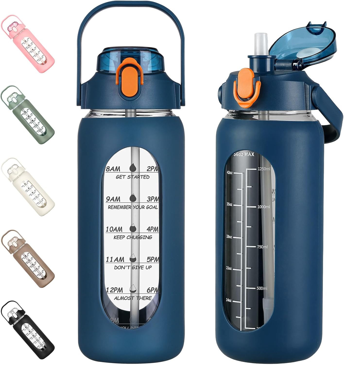 64oz Glass Water Bottles with Straw, Half Gallon Motivational Glass Bottle with Silicone Sleeve and Time Marker, 2L Leakproof Large Glass Water Jug for Gym Home Office,olive