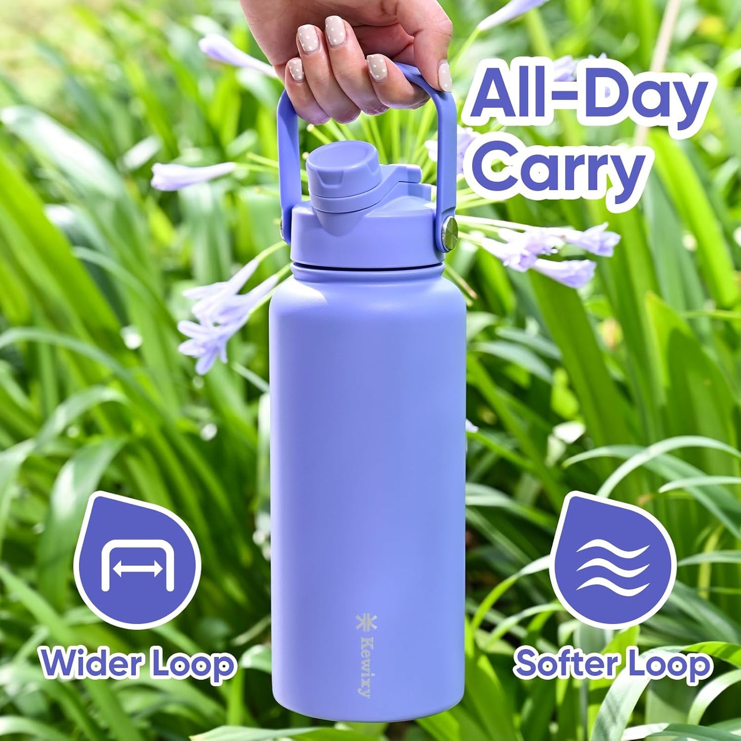 KEWIXY 32 oz Insulated Water Bottle, 2-in-1 Lid, Straw & Spout with Protected, Leak Proof, Keep Cold, Stainless Steel, Metal, Reusable, Handle, for Outdoor, Gym and School, 2 Lids, Blush Pink