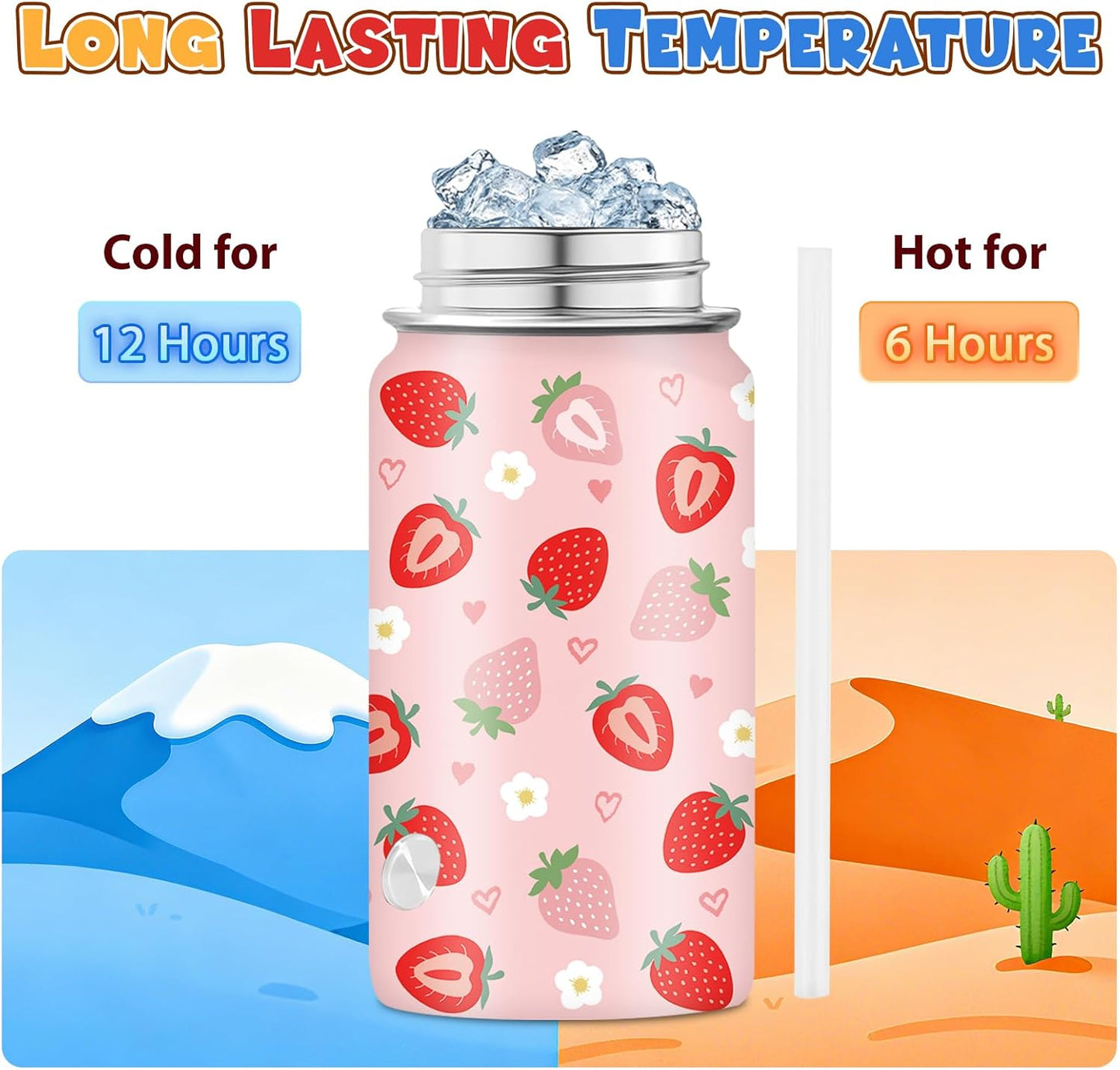 Strawberry Gifts for Kids - 16oz Pink Kids Water Bottle with Straw Lid, Stainless Steel Insulated Water Bottle, Leakproof, BPA-Free, for Girls, School, Strawberry Lover Children Birthday Gift Cup(1pc)