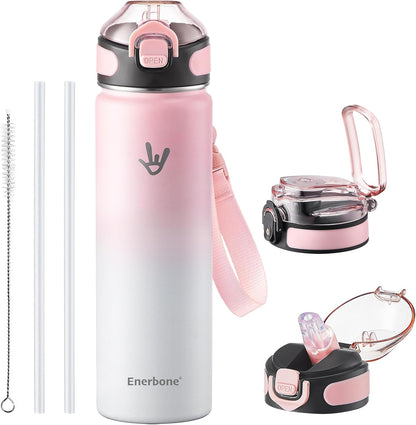 Enerbone 24 oz Insulated Water Bottle, Stainless Steel Bottle with Carrying Strap, Double-Wall Vacuum Insulation Design, Leakproof Sports Bottle with Straw, Keep Drinks Cold or Hot for Hours