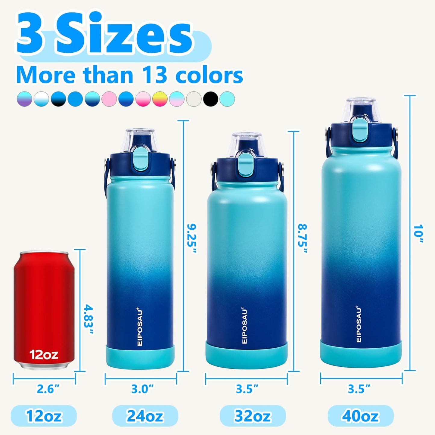 Insulated Water Bottle with Lid & Boot & Stickers, 24 oz Stainless Steel Sweat Free Bottle Keep Cold 24H, BPA-Free Sports Wide Mouth Water Bottle, BlueBlack