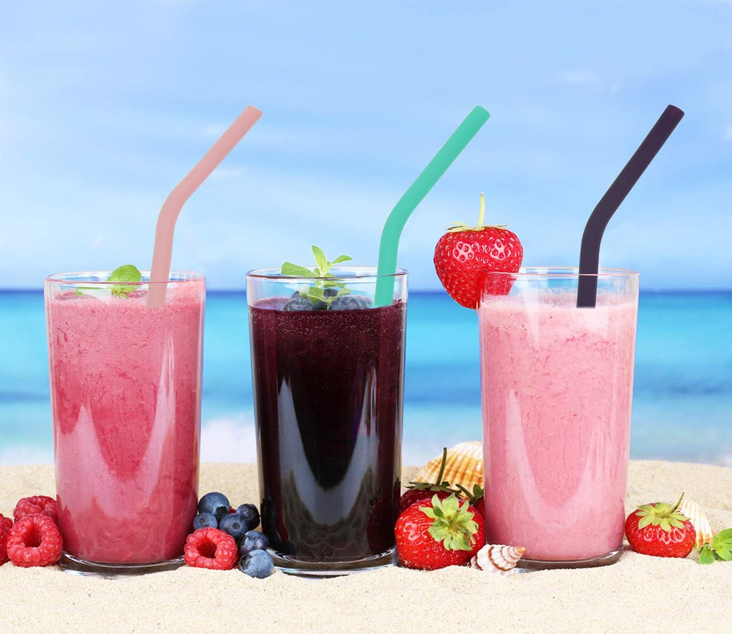 Senneny Set of 6 Silicone Drinking Straws for 30oz and 20oz - Reusable Silicone Straws BPA Free Extra Long with Cleaning Brushes- 6 Bent- 8mm diameter