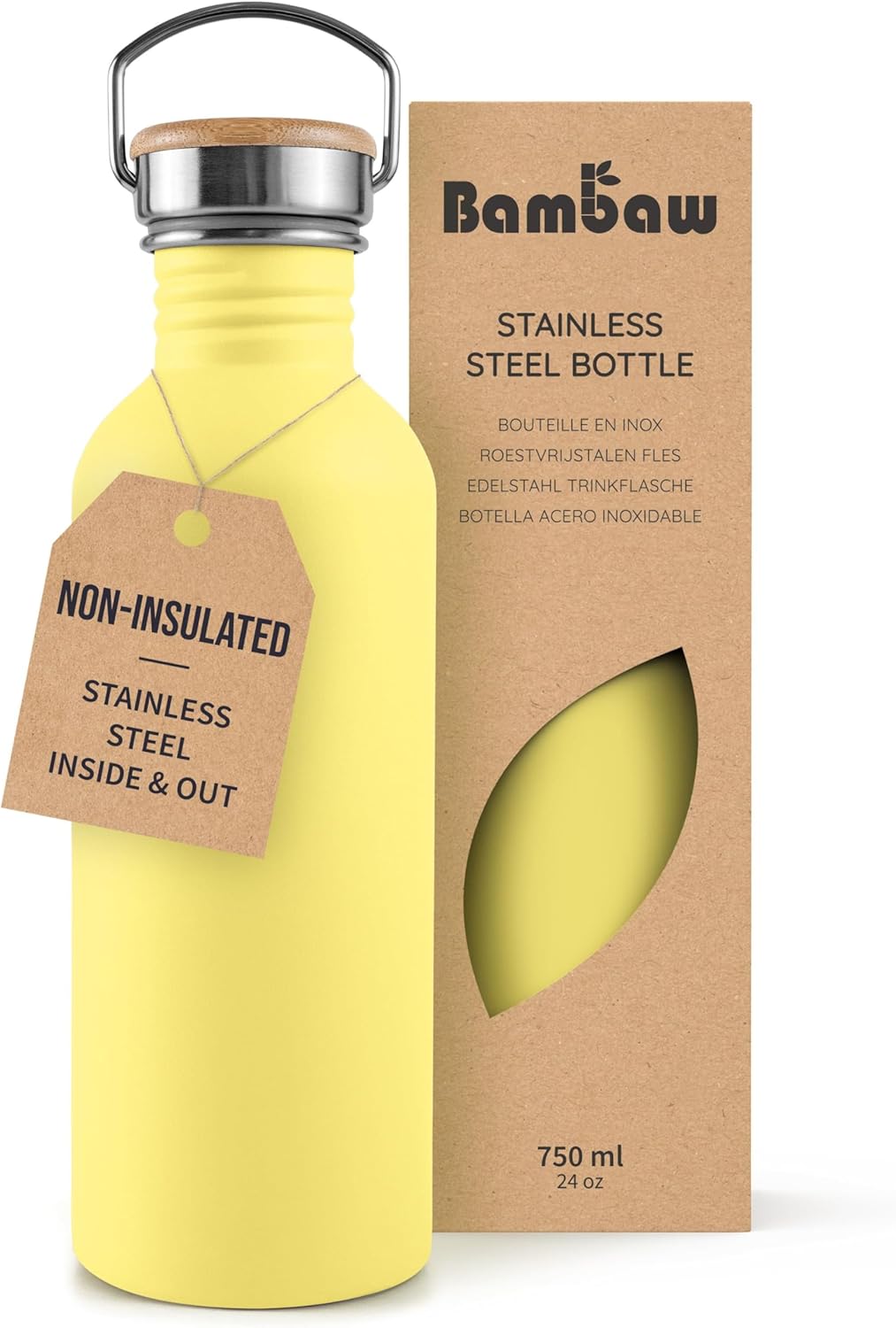 Bambaw Stainless Steel Water Bottles 32 oz, Non-insulated Single Wall Metal Water Bottle Stainless Steel, Reusable & Eco Friendly, Dishwasher Safe – Silver | Non-insulated