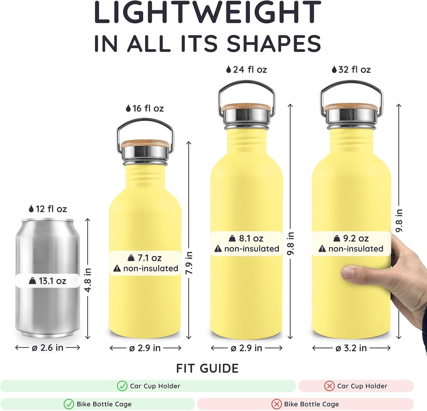 Bambaw Stainless Steel Water Bottles 32 oz, Non-insulated Single Wall Metal Water Bottle Stainless Steel, Reusable & Eco Friendly, Dishwasher Safe – Silver | Non-insulated