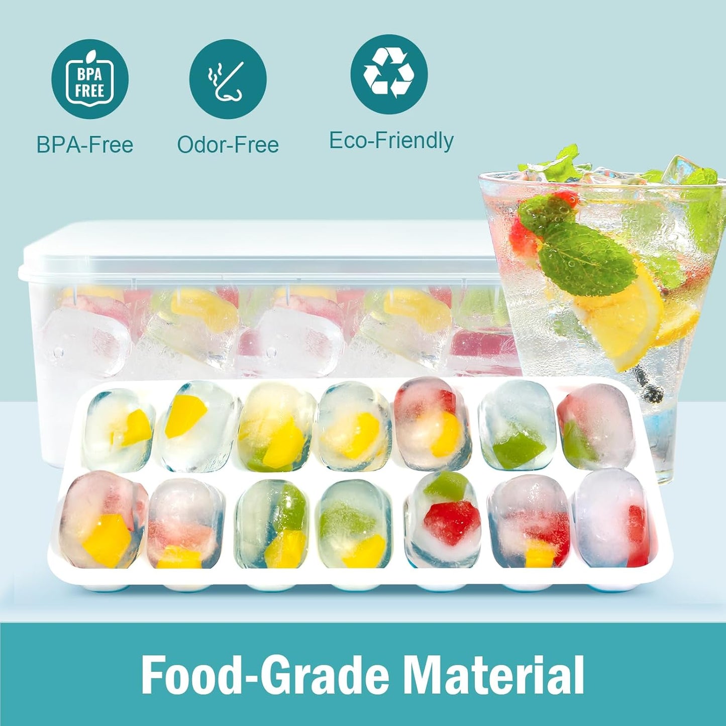 3 Pack Ice Cube Trays with Lid for Freezer, Flexible Silicone Bottom for Easy Release, Stackable Space-Saving Ice Molds, 1.2" Cubes Color-Coded (2 Green 1 Blue) for Juice, Coffee & Cocktails, BPA Free