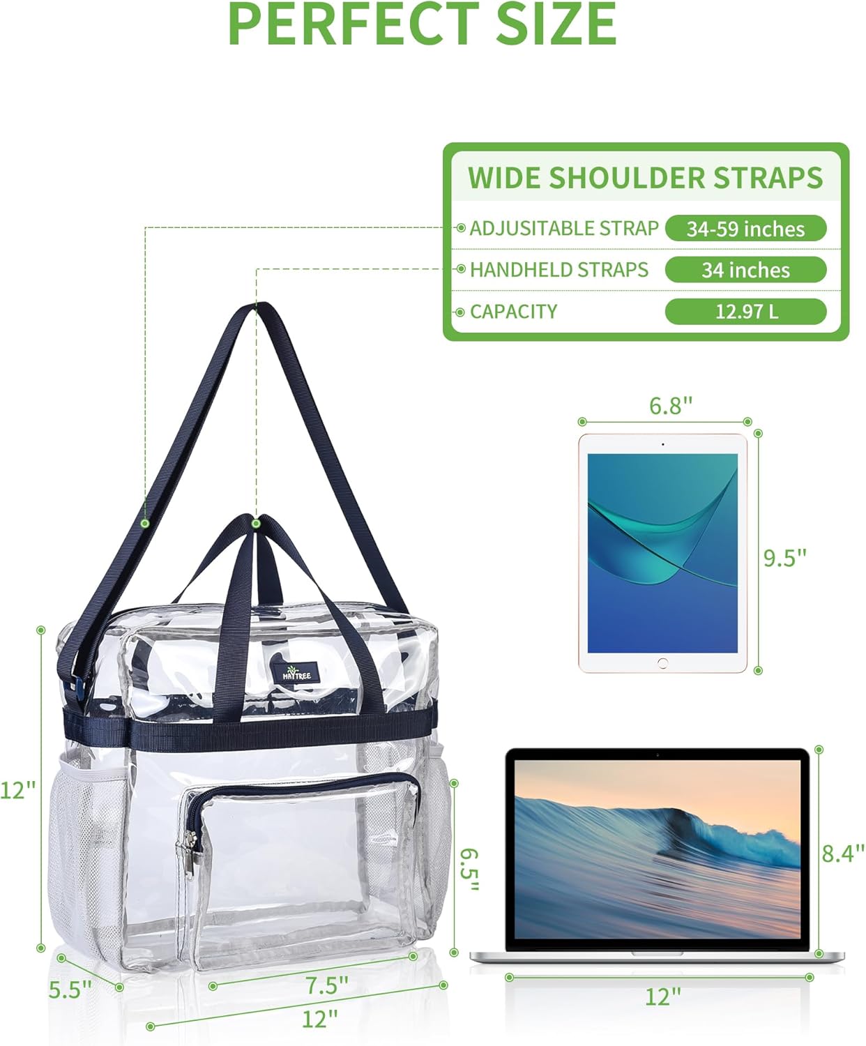 MAY TREE Clear Bag for Stadium Events, 12×5.5×12 Clear Tote Lunch Bag with Non-detachable Reinforced Straps for Work, Sporting Events and Gym, Black