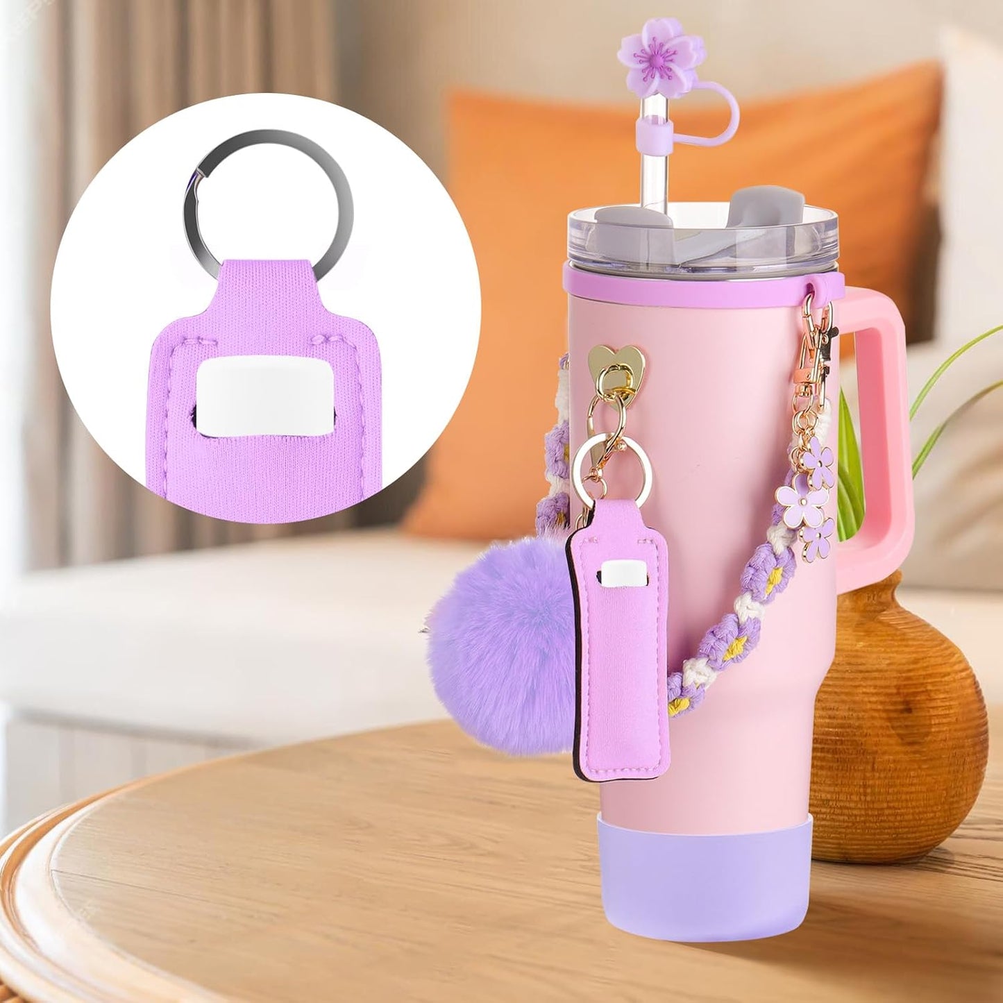 Mity rain Cup Accessories for Stanley Cup 30oz 40oz Tumbler with Handle, Including Water Bottle Handle Strap, Chapstick Holder, Boot, Keychain Charms, Straw Topper Cover Cap for Stanley (Purple)