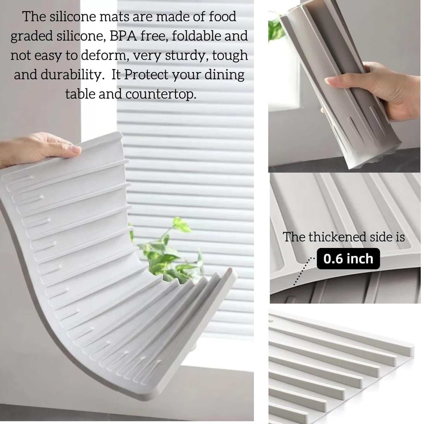 Silicone Dish Drying Mat for Kitchen Counter Non-Slip Drain Pad with Built-in Sloped Drain, Heat Resistant Drying Pad 14.5" x 8" (Grey)