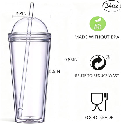 24oz Tumbler with Lid and Straw, Leak Proof and Double Wall Insulated Reusable Plastic Cups,Travel Reusable Iced Coffee Cup (1, Pink)