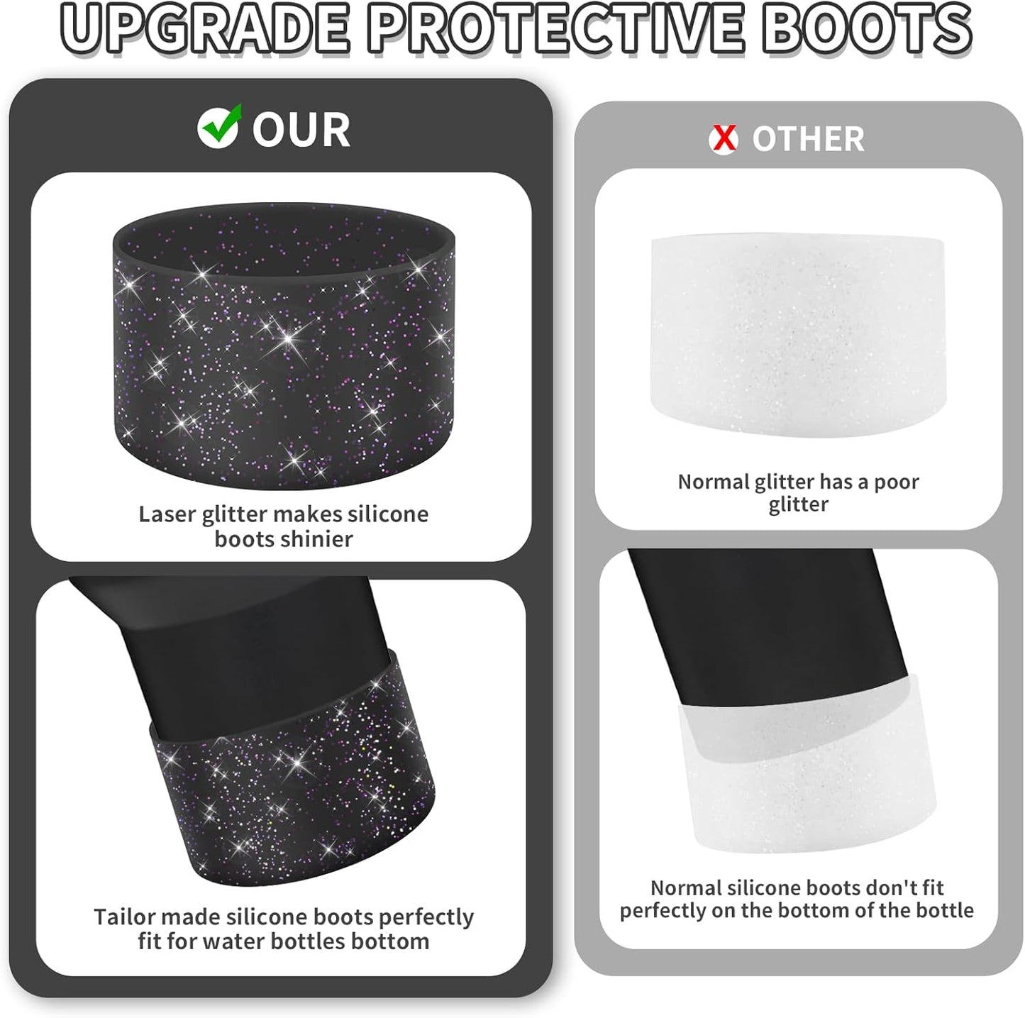 WUQID Protective Bling Silicone Boot Sleeve, Compatible with Stanley Tumbler 20-40oz & Hydro Flask Bottle 12oz-24oz, Glitter Reduces Dents Sleeve Cover for More Bottles/Tumblers Bottom of 2.83-2.95in