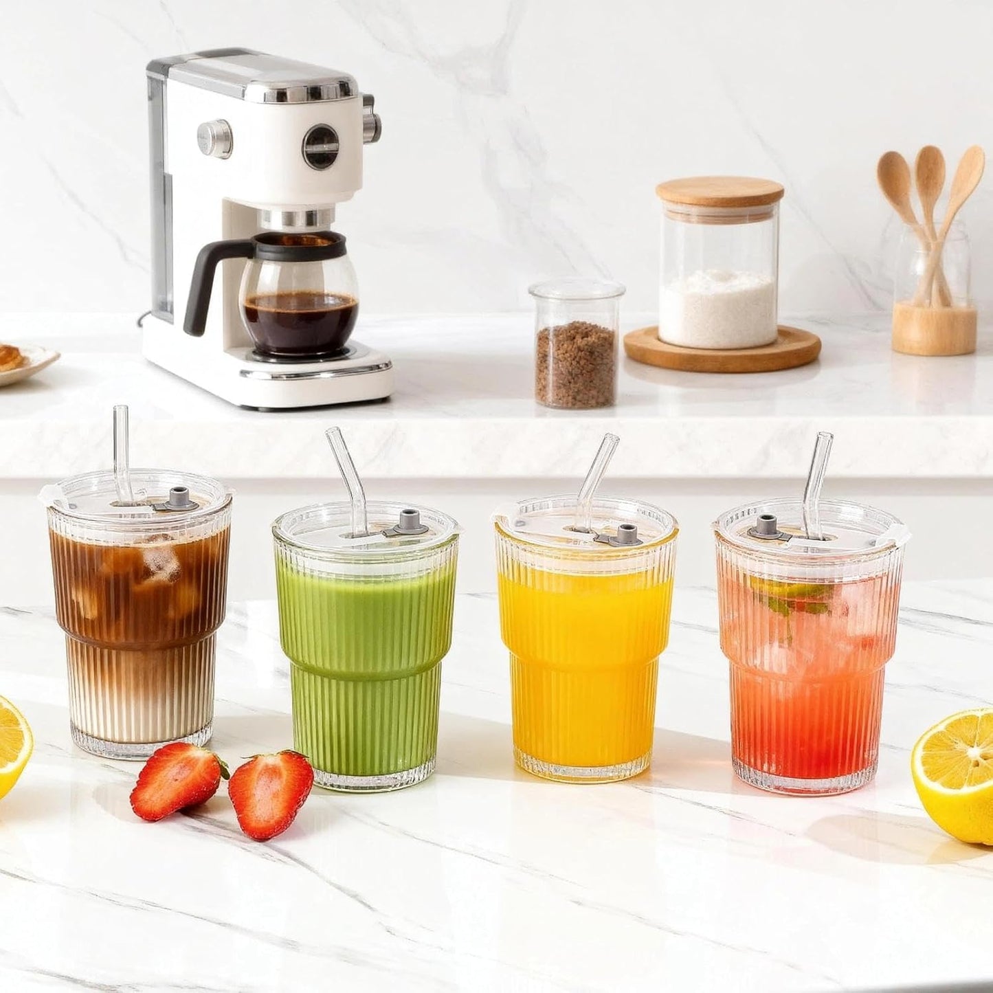 Ribbed Glass Tumbler with Lid and Straws, Resuable Ice Coffee Cups, To Go Iced Coffee Cups for Water, Smoothie, Matcha, Iced Tea Fruit Juice, Clear, 13oz, Set of 2
