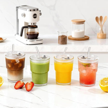 Ribbed Glass Tumbler with Lid and Straws, Resuable Ice Coffee Cups, To Go Iced Coffee Cups for Water, Smoothie, Matcha, Iced Tea Fruit Juice, Clear, 13oz, Set of 2