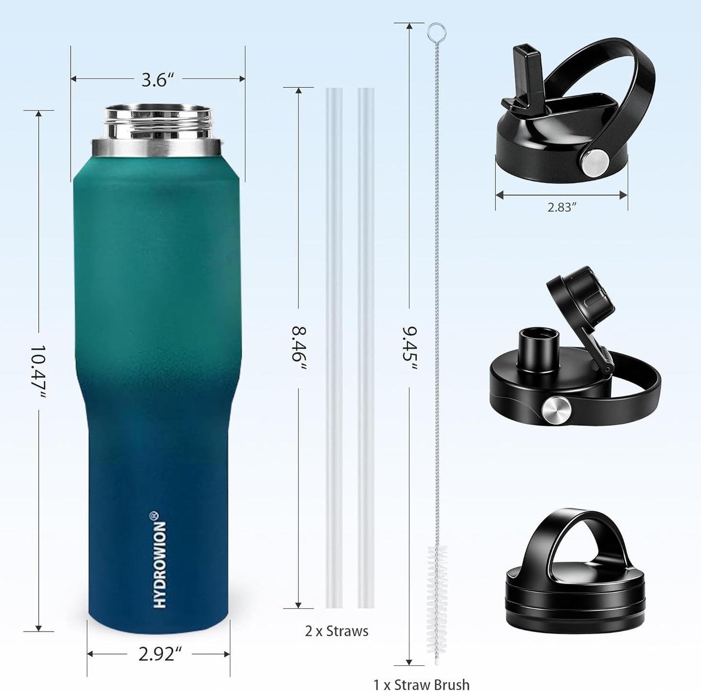 HYDROWION 32oz Stainless Steel Water Bottle(Cold for 48 Hrs, Hot for 24 Hrs),Double Wall Vacuum Insulated Water Bottle with Straw Lid, Spout Lid and Flex Cap, Fit in Any Car Cup Holder,Black