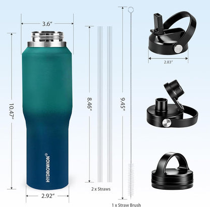 HYDROWION 32oz Stainless Steel Water Bottle(Cold for 48 Hrs, Hot for 24 Hrs),Double Wall Vacuum Insulated Water Bottle with Straw Lid, Spout Lid and Flex Cap, Fit in Any Car Cup Holder,Black
