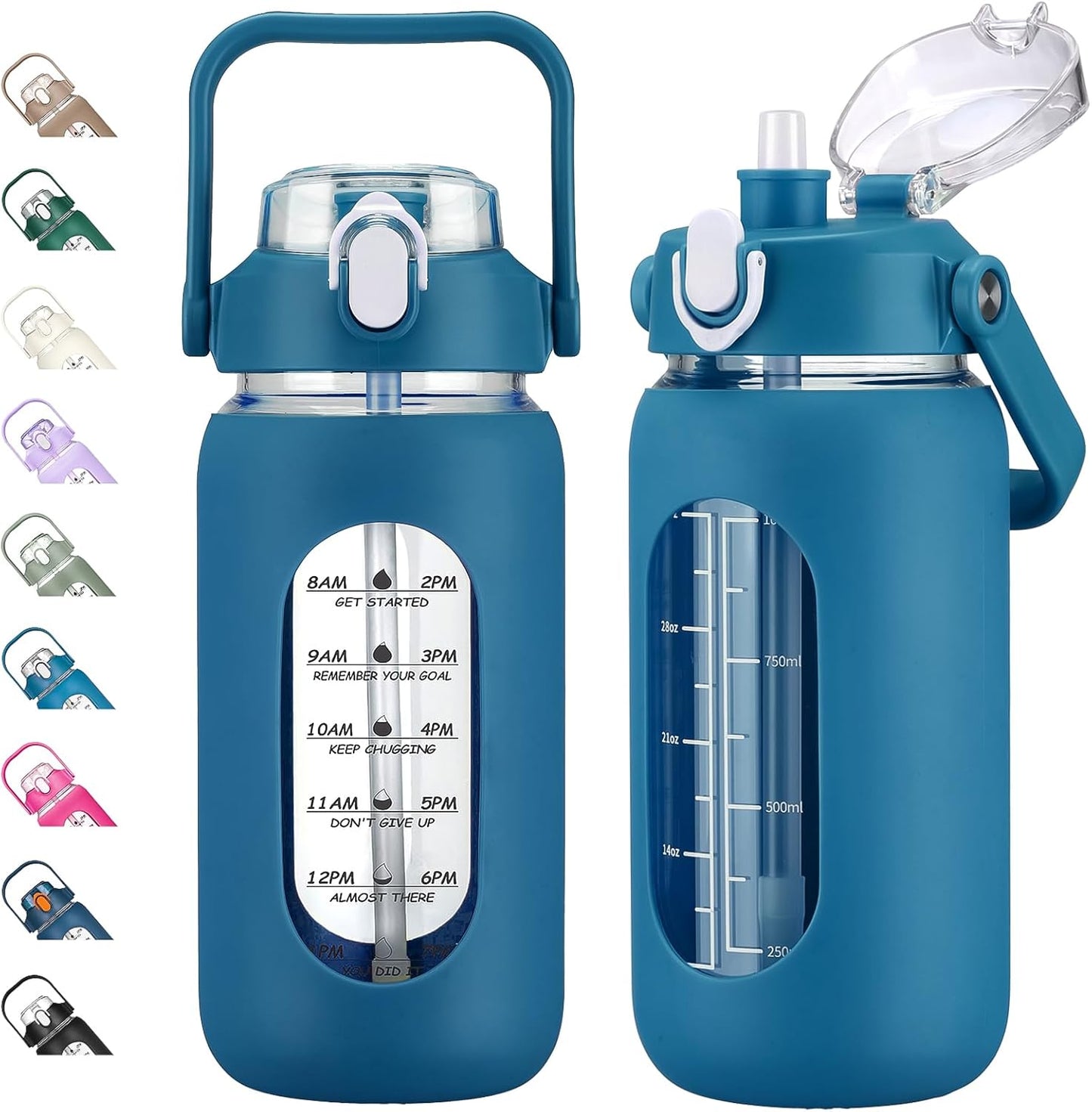 64oz Glass Water Bottles with Straw, Half Gallon Motivational Glass Bottle with Silicone Sleeve and Time Marker, 2L Leakproof Large Glass Water Jug for Gym Home Office,olive