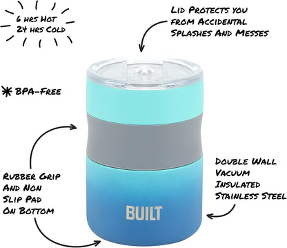 BUILT 12 Ounce Double Wall Vacuum Sealed Stainless Steel, Coffee and Tea Desk Mug, Easy to Clean Tritan Lid with Sliding Splash Guard, Blue Ombre