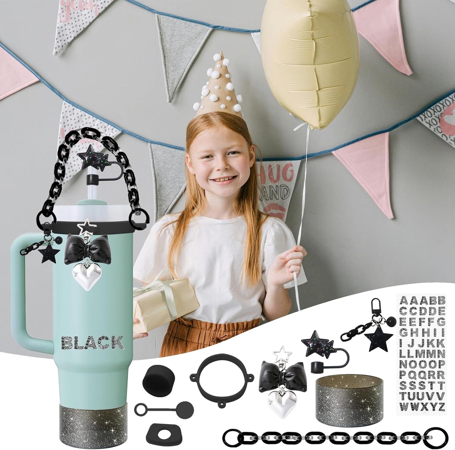Accessories Set for Stanley Cup,Water Bottle Handle Strap,Straw Topper,Silicone Cover Cap and Boot,Keychain Charms,Handle Charms,Initials Sticker for Stanley Tumbler 40oz/30oz(Purple Ocean)