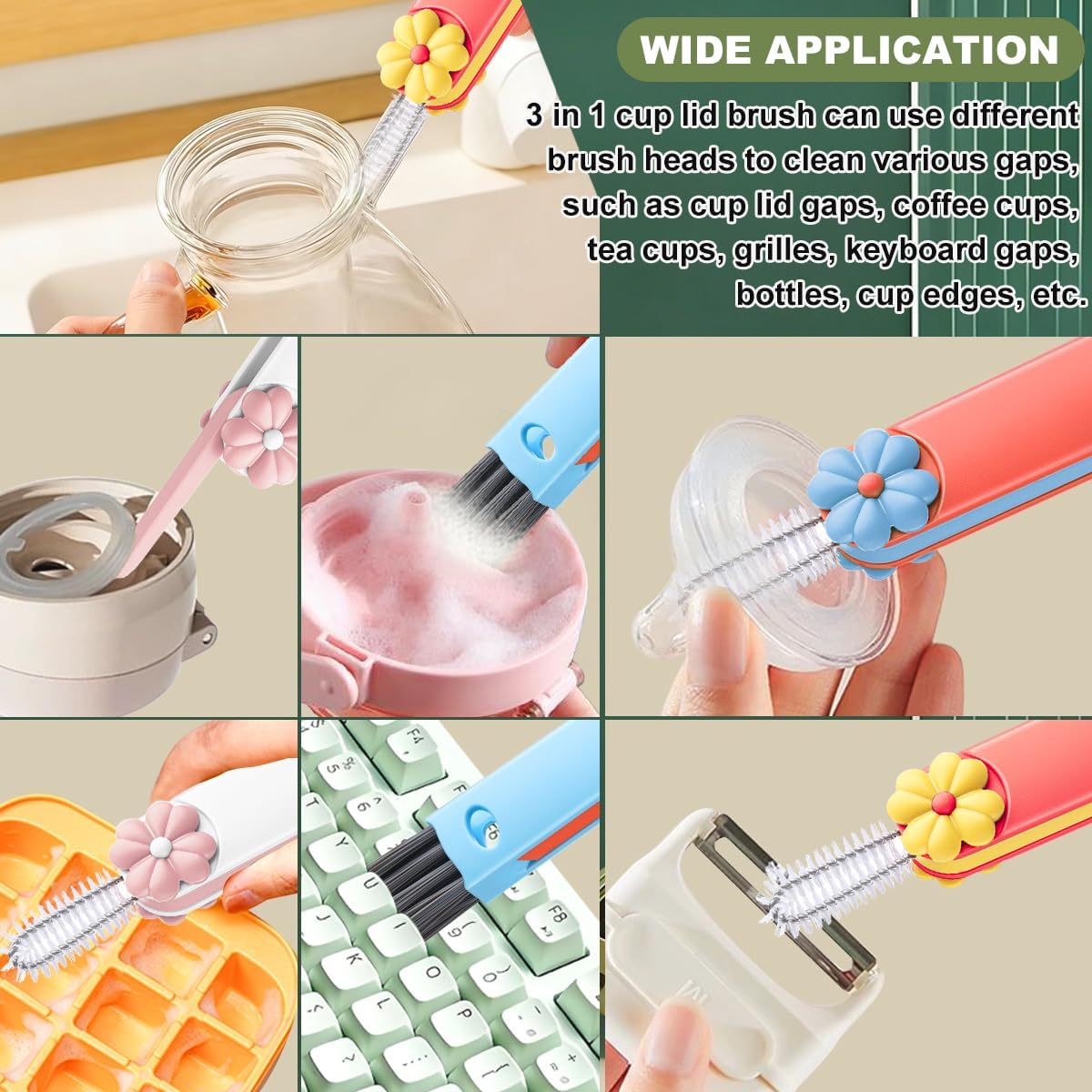 3 in 1 Cup Lid Cleaning Brush, Portable Cup Cleaner Brush, New Water Bottle Lid Cleaner Brush, Multifunctional Cleaning Brush - Home Kitchen Cleaning Tools for Tight Spaces & Bottle Gaps, 3 PCS