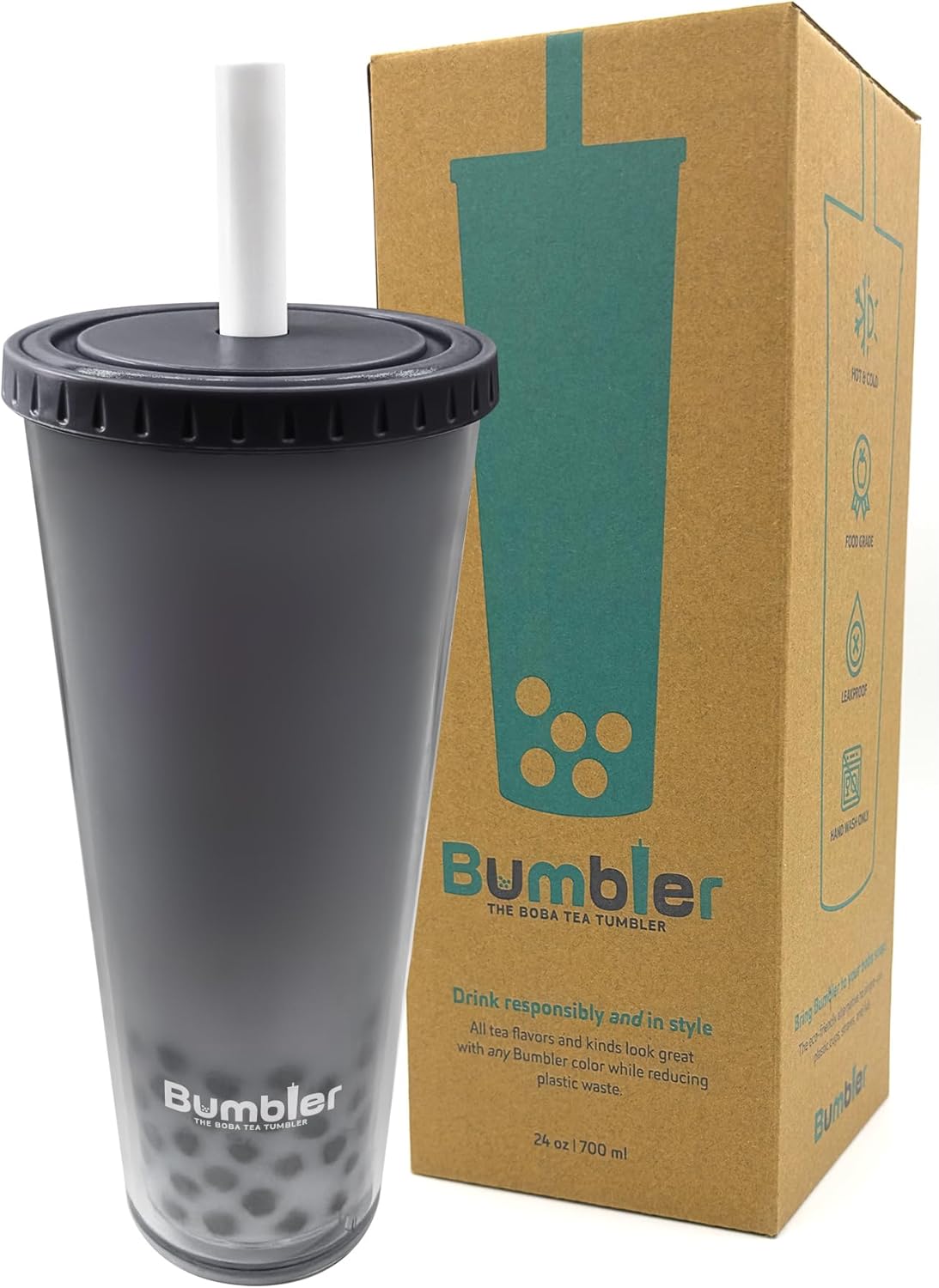 Bumbler Original Boba Tea Cup - 24oz Double-Walled Plastic Reusable Tumbler with Extra Wide Straw & Leak-Proof Lid - BPA-Free Smoothie & Iced Coffee Travel Mug - Blush Pink