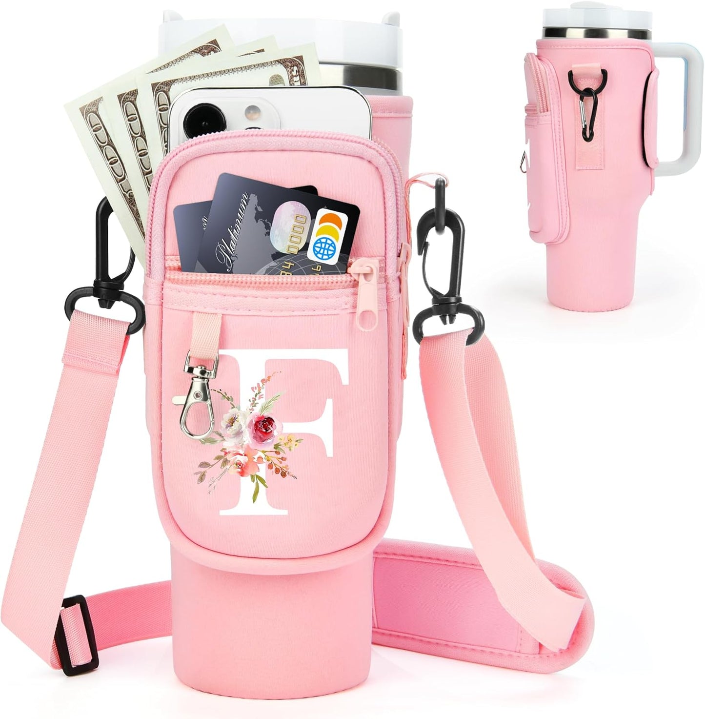 Initial Water Bottle Holder with Strap for Stanley Cup Accessories 40 oz/Simple Modern Tumbler, Birthdays for Women Girls, Water Bottle Carrier Bag with Phone Pocket,Hiking Walking Gym Camping