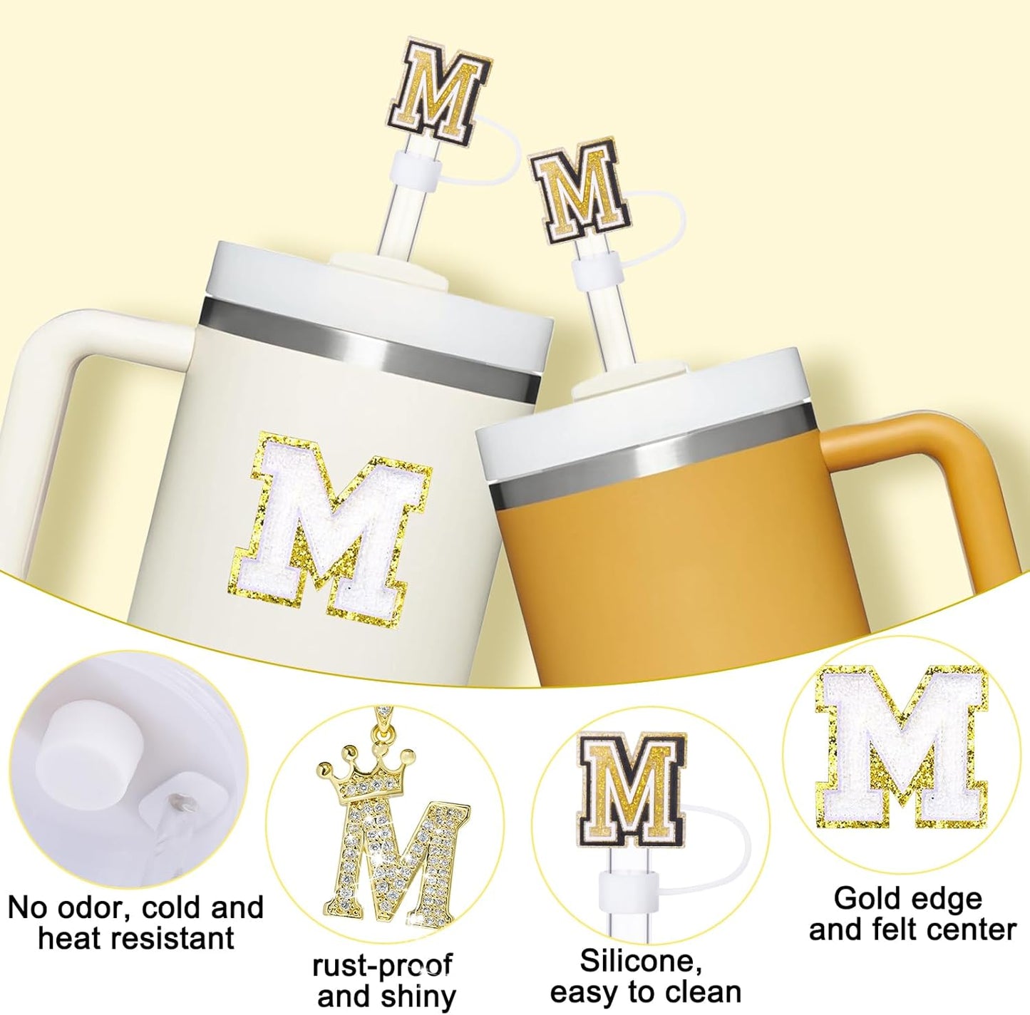 Mity Rain 6pc Cup Accessories Set for Stanley 30 oz & 40 oz Tumbler with Handle, Including Straw Cover Cap, Cup Initials Charm, Silicone Boot, Round & Square Spill Proof Stopper