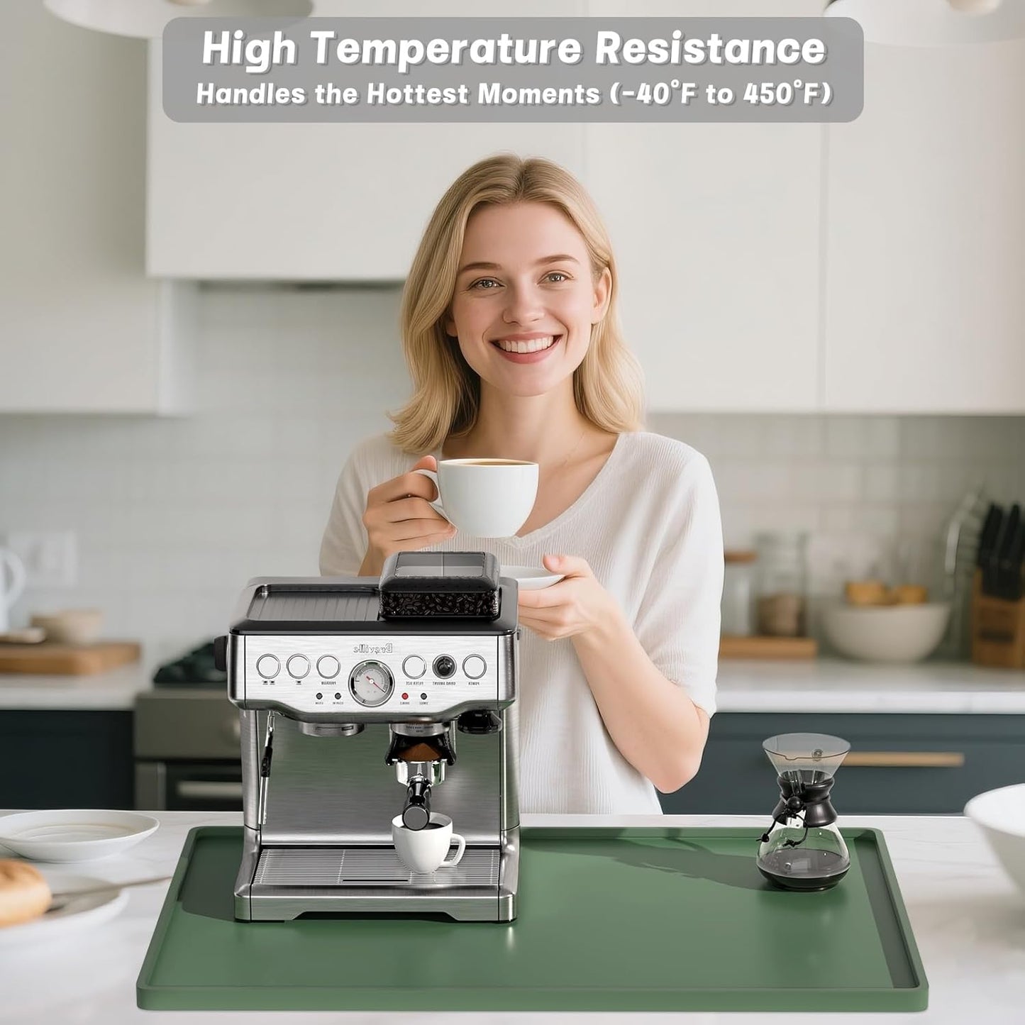 Rnivvi Silicone Coffee Mat, 16" x 24" Waterproof Raised Edge Coffee Bar Mats for Espresso Machine Station Accessories, Heat Resistant Detachable Dish Drying Pad for Kitchen Counter, Dish Rack, Green