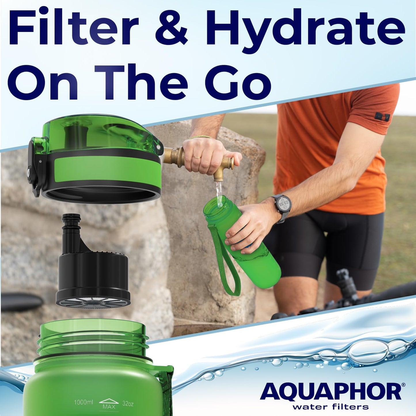 Nakii Filtered Water Bottle, Leakproof, BPA-Free, Motivational Markings, Travel, Everyday Use. 40-Gallon Filter, Replaces 300 Plastic Water Bottles. Includes 1 Filter, 22 FL Oz, Grey by Aquaphor