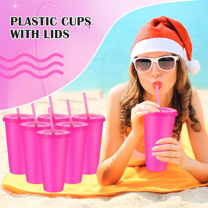 Uiifan 6 Pcs 24 oz Reusable Tumbler with Lids and Straws Plastic Iced Coffee Tumbler Glitter Travel Mug Cup for Smoothie Juices Birthday Party Cold Drink Coffee Cup Bulk for Adult Kid Women (Clear)