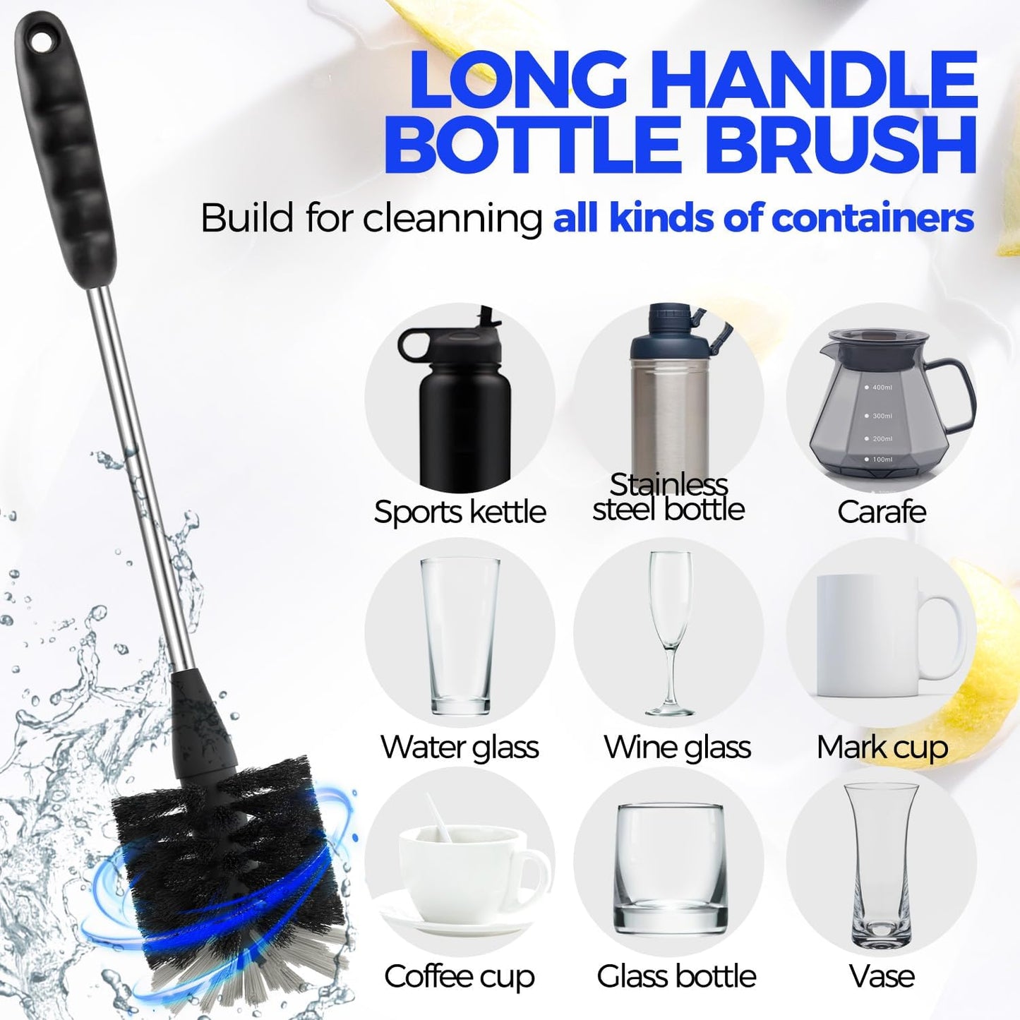 Holikme 6 Pack Bottle Brush Set, 14" Long Handle Stainless Steel Bottle Cleaner Brush, 3 Straw Brushes, 4-in-1 Bottle Cleaning Brush for Water Bottle, Antistatic Lab Brushes Straws, Black