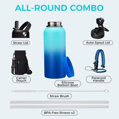32/40/64OZ Insulated Water Bottle - Keep Cold 48H Hot 24H, Combo Straw/Spout Lids, Paracord Handle for Gym/Hiking, Carrier Bag +Strap, Cup Mat, BPA-Free Stainless Steel Flask Jug