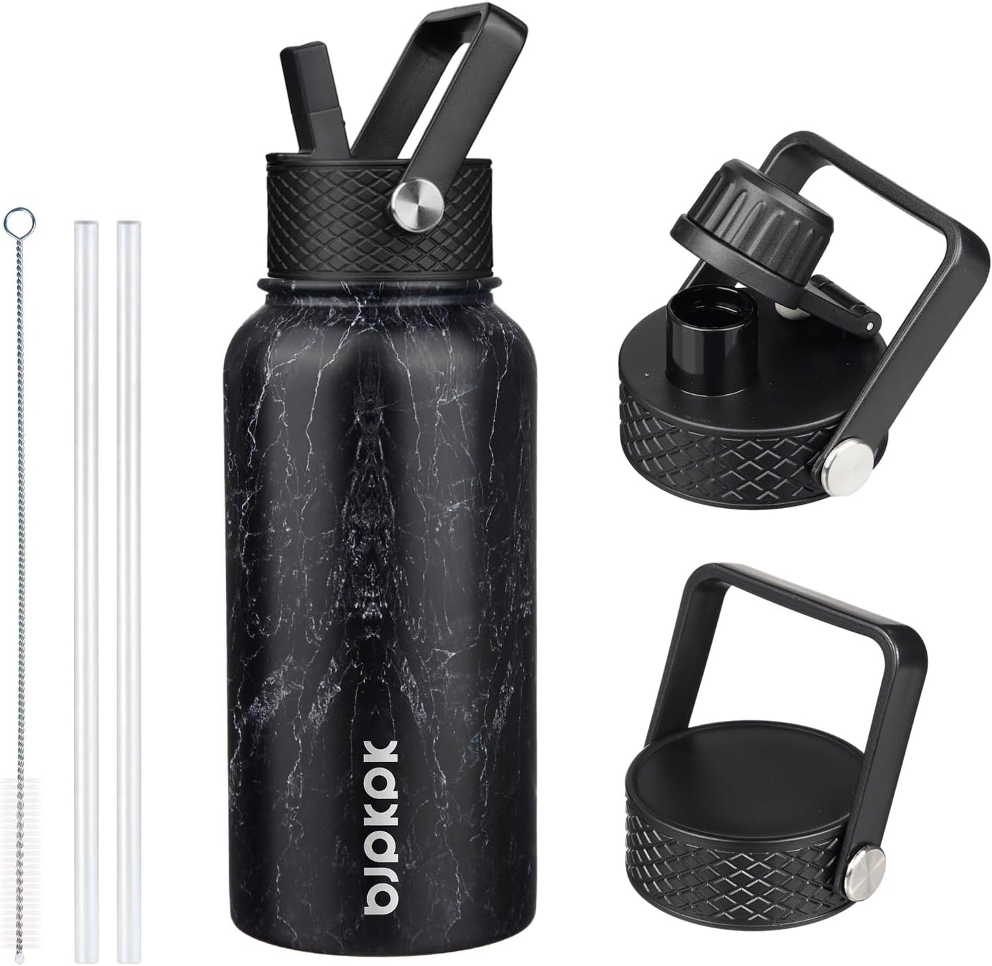 BJPKPK Insulated Water Bottles with Straw Lid, 40oz Stainless Steel Water Bottles with 3 Lids, BPA Free Leakproof Thermo, Tumblers, Cups for Sports, Gym- Midnight - Colors A