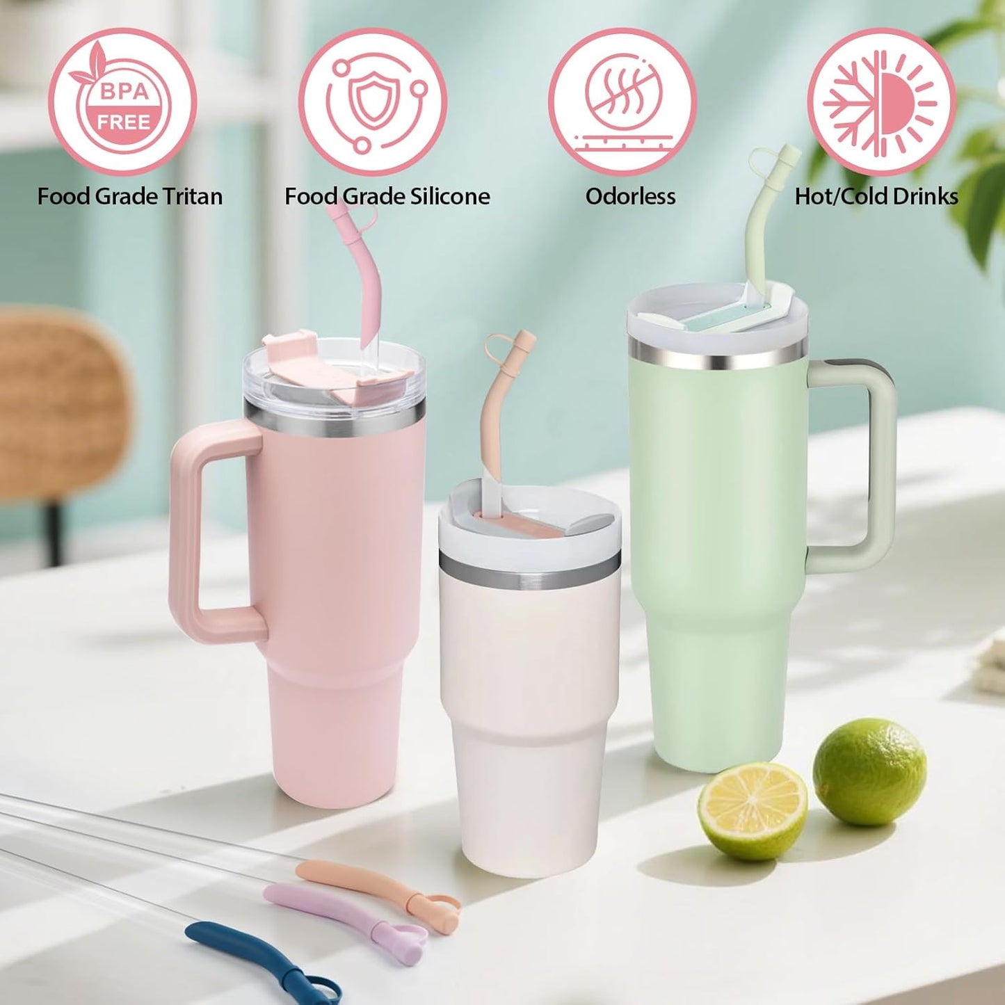 Reusable Tritan Straws with Silicone Tips 8 Pack, 11.8" BPA Free Drinking Straws Compatible with Stanley 40 oz 30 oz up Tumblers with Cleaning Brush, Dust-Proof Cover Cap for Car Travel Office Home