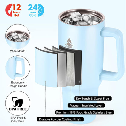 40 oz Tumbler with Handle and Straw or Convert to 40 oz Insulated Water Bottle Fits in Cup Holder. Stainless Steel Metal Water Flask with 2 Lids for Travel,Camping,Gym Sports Coffee Mug Thermal Cup