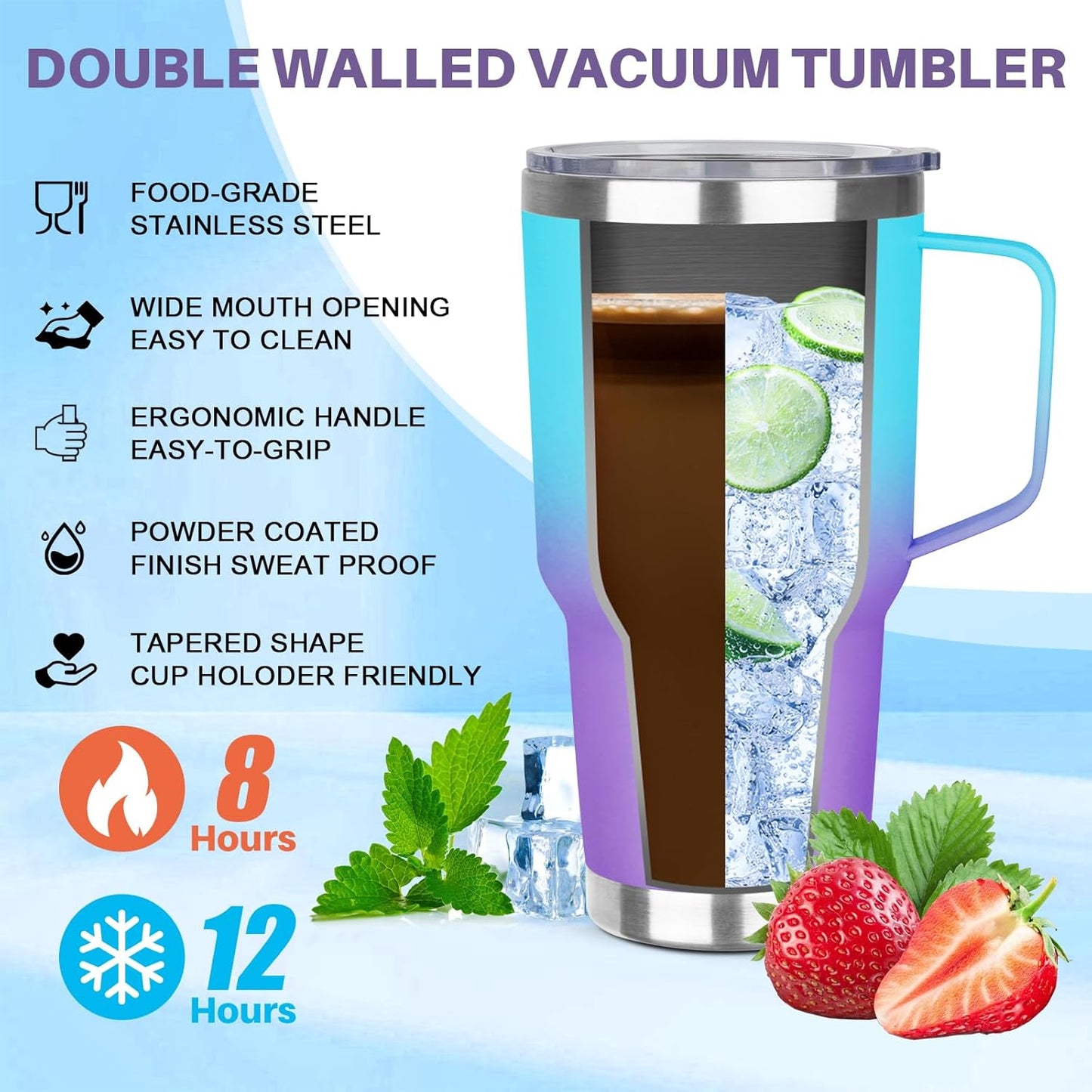 40 oz Tumbler with Handle, Insulated Tumbler with Lid and Straw, Reusable Stainless Steel Vacuum Insulated Cup, 100% Leak Proof Thermal Travel Coffee Mug Cup for Cold and Hot (Light Purple)